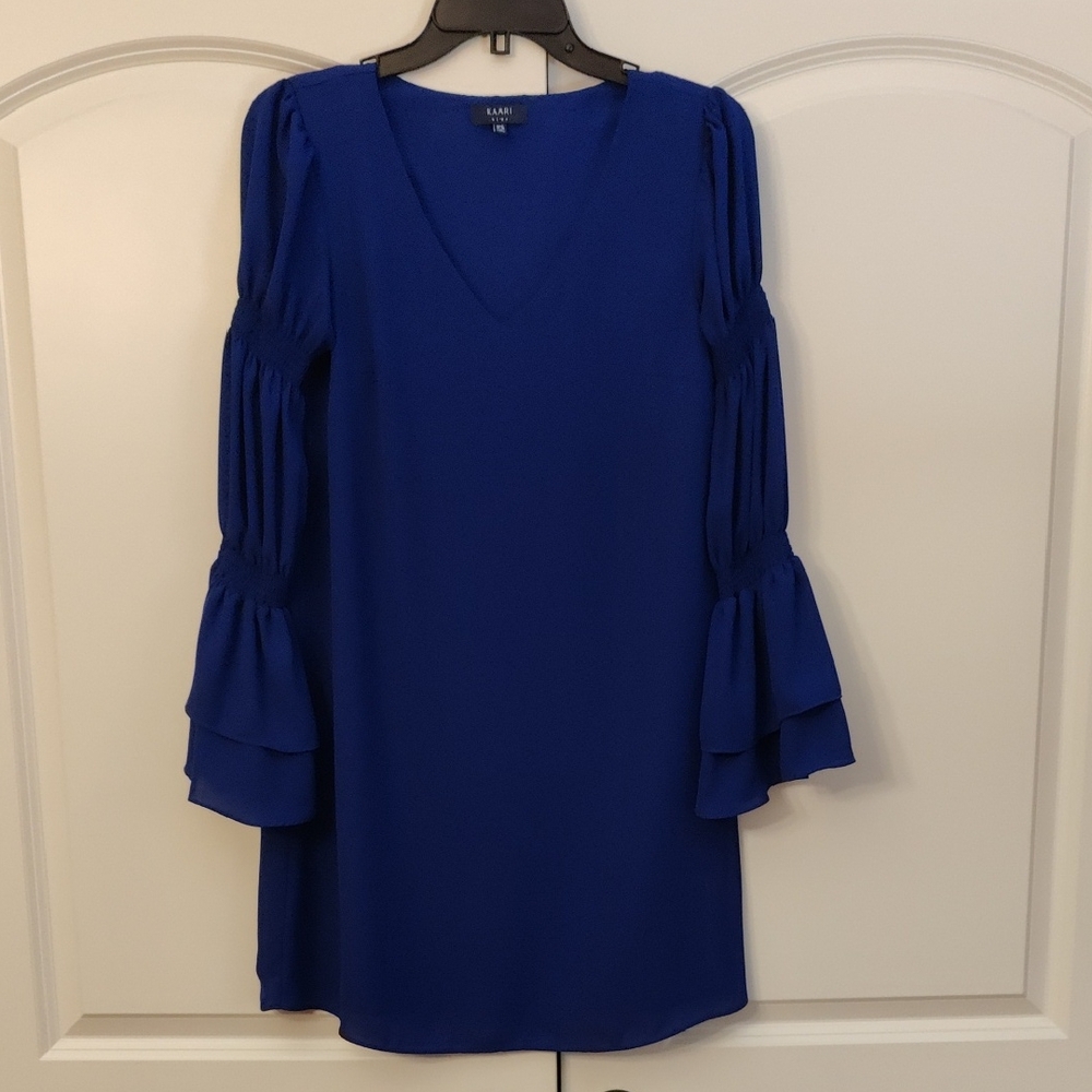 KAARI BLUE Dress Smocked Bell Sleeves S Royal Blue
